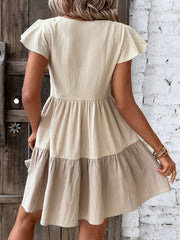 Cute Colorblock Smock Dress - Keyhole Neckline, Ruffle Hem, Cap Sleeves, High Waist