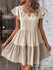 Cute Colorblock Smock Dress - Keyhole Neckline, Ruffle Hem, Cap Sleeves, High Waist