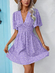 Boho Floral Print Butterfly Sleeve Dress, V Neck, High Waist, Flared Hem