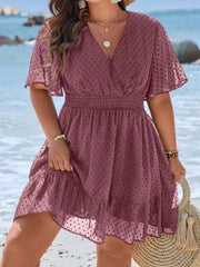 Plus Size Swiss Dot Flounce Sleeve Ruffle Hem Dress - Casual V Neck A-Line, High Waist, Short Length