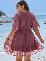 Plus Size Swiss Dot Flounce Sleeve Ruffle Hem Dress - Casual V Neck A-Line, High Waist, Short Length