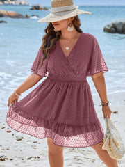 Plus Size Swiss Dot Flounce Sleeve Ruffle Hem Dress - Casual V Neck A-Line, High Waist, Short Length