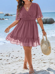 Plus Size Swiss Dot Flounce Sleeve Ruffle Hem Dress - Casual V Neck A-Line, High Waist, Short Length