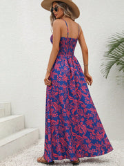 Boho Floral Print Cami Dress - Sleeveless, High Waist, Spaghetti Strap, Long Length