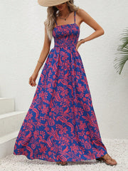 Boho Floral Print Cami Dress - Sleeveless, High Waist, Spaghetti Strap, Long Length