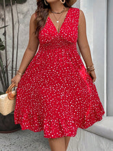 Plus Size Polka Dot Ruffle Hem Dress - Casual Sleeveless V-Neck Midi A-Line