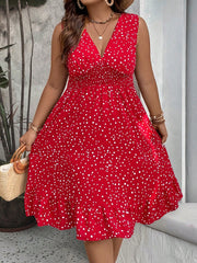Plus Size Polka Dot Ruffle Hem Dress - Casual Sleeveless V-Neck Midi A-Line