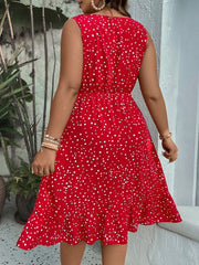 Plus Size Polka Dot Ruffle Hem Dress - Casual Sleeveless V-Neck Midi A-Line