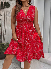 Plus Size Polka Dot Ruffle Hem Dress - Casual Sleeveless V-Neck Midi A-Line