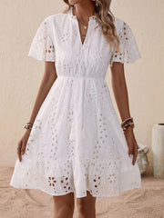 Boho Eyelet Embroidery Butterfly Sleeve Ruffle Hem Dress - High Waist, Knee Length
