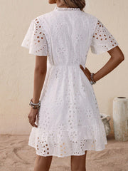 Boho Eyelet Embroidery Butterfly Sleeve Ruffle Hem Dress - High Waist, Knee Length