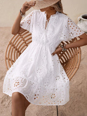 Boho Eyelet Embroidery Butterfly Sleeve Ruffle Hem Dress - High Waist, Knee Length