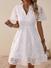 Boho Eyelet Embroidery Butterfly Sleeve Ruffle Hem Dress - High Waist, Knee Length