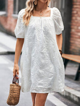 Casual Square Neck Puff Sleeve Tunic Dress with Eyelet Embroidery - Short Length
