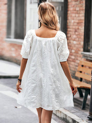 Casual Square Neck Puff Sleeve Tunic Dress with Eyelet Embroidery - Short Length