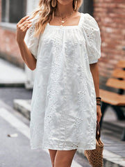 Casual Square Neck Puff Sleeve Tunic Dress with Eyelet Embroidery - Short Length