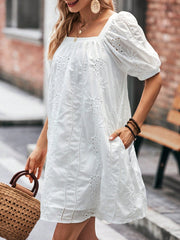 Casual Square Neck Puff Sleeve Tunic Dress with Eyelet Embroidery - Short Length