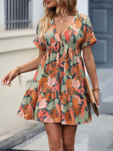 Boho Tropical Print Smock Dress - Deep V Neck, Ruffle Hem, Batwing Sleeves