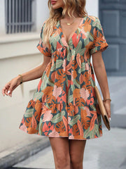 Boho Tropical Print Smock Dress - Deep V Neck, Ruffle Hem, Batwing Sleeves