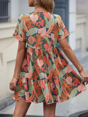 Boho Tropical Print Smock Dress - Deep V Neck, Ruffle Hem, Batwing Sleeves