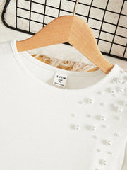 Tween Girl Puff Sleeve Tee - Pearls Beaded Detail, Casual, Rib-Knit, Forest-Safe Fibers