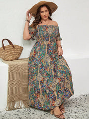 Boho Plus Paisley Off Shoulder Flounce Sleeve Ruffle Hem Summer Dress