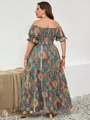 Boho Plus Paisley Off Shoulder Flounce Sleeve Ruffle Hem Summer Dress