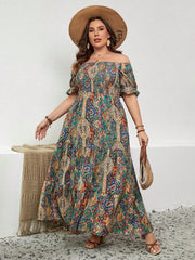 Boho Plus Paisley Off Shoulder Flounce Sleeve Ruffle Hem Summer Dress