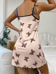 Butterfly Print Contrast Binding Lettuce Trim Cami Pajama Nightdress