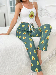 Cartoon Graphic Lettuce Trim Cami Top & Pants PJ Set / Pajama Set