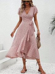 Boho Floral Wrap Dress - V Neck, Short Flounce Sleeves, High Waist, Midi Length