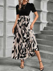 Casual Women's Black Patchwork Dress - Belted, A-Line, Puff Sleeves, High Waist