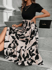 Casual Women's Black Patchwork Dress - Belted, A-Line, Puff Sleeves, High Waist