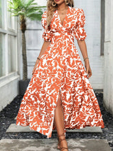 Boho Plant Print V-Neck Maxi Dress with Split Thigh and Puff Sleeves