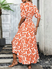 Boho Plant Print V-Neck Maxi Dress with Split Thigh and Puff Sleeves