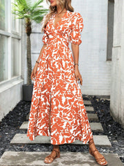 Boho Plant Print V-Neck Maxi Dress with Split Thigh and Puff Sleeves