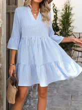 Cute Women's Striped A-Line Dress with Doll Collar, Ruffle Hem, Flounce Sleeves