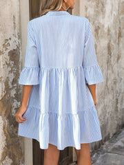 Cute Women's Striped A-Line Dress with Doll Collar, Ruffle Hem, Flounce Sleeves