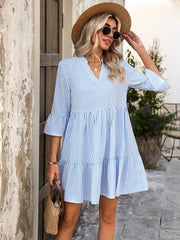 Cute Women's Striped A-Line Dress with Doll Collar, Ruffle Hem, Flounce Sleeves