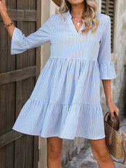 Cute Women's Striped A-Line Dress with Doll Collar, Ruffle Hem, Flounce Sleeves