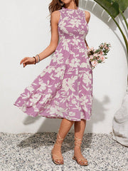 Boho Women's Floral Print Shirred Sleeveless A-Line Dress - Knot Detail, High Waist, Knee Length