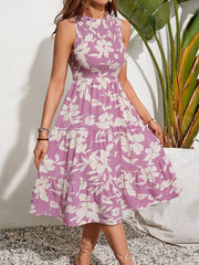 Boho Women's Floral Print Shirred Sleeveless A-Line Dress - Knot Detail, High Waist, Knee Length