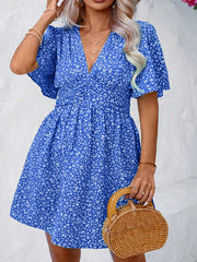 Plus Size Boho Floral Print Bell Sleeve Midi Dress - V Neck, High Waist, Flared Hem