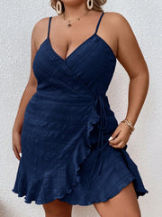 Plus Size Casual Wrap Dress - Ruffle Trim, Self-Tie, Spaghetti Strap, High Waist
