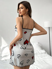 Colorblock Heart Printed Cami Pajama Dress With Lace Trim