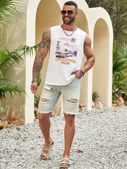 Men's Plus Size Tropical Print Sleeveless Tank Top - Casual, Round Neck, Knitted Fabric