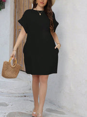 Plus Size Casual Batwing Sleeve Dress with Pockets - Short, Loose Fit, Round Neck