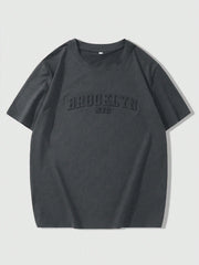 Men's Casual Drop Shoulder T-Shirt, Embossed Letters, Short Sleeve, Round Neck
