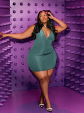 Plus Size Sleeveless Bodycon Dress - Rib-Knit, V Neck, Slim Fit, Mini Length