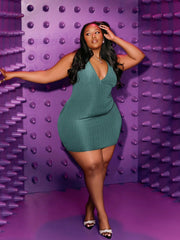 Plus Size Sleeveless Bodycon Dress - Rib-Knit, V Neck, Slim Fit, Mini Length